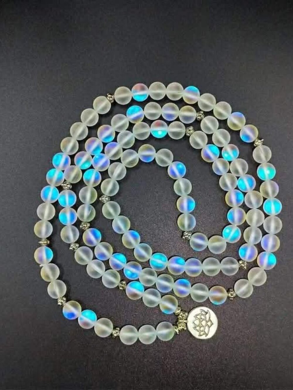 Iridescent Opal-Look Long beaded necklace or wrap bracelet with lotus charm